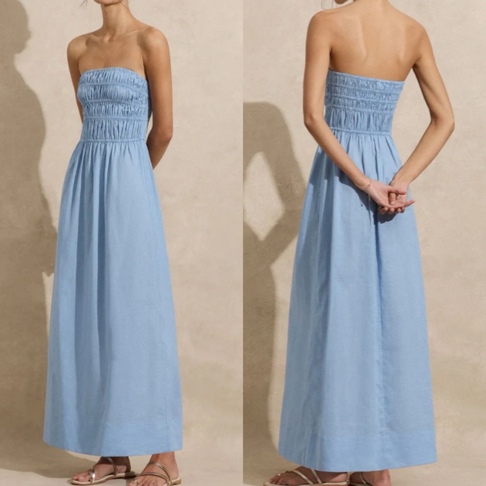 Peony Strapless Capri Blue Ruched Maxi Dress NEW